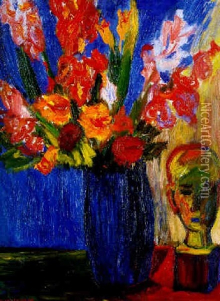 Blommor Och Skulptur Oil Painting - Ivan Ivarson