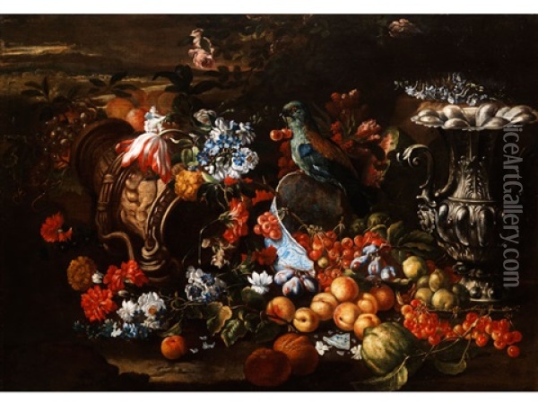Stilleben Mit Blumen, Fruchten, Prunkgeschirr Und Papagei Oil Painting - Michelangelo di Campidoglio