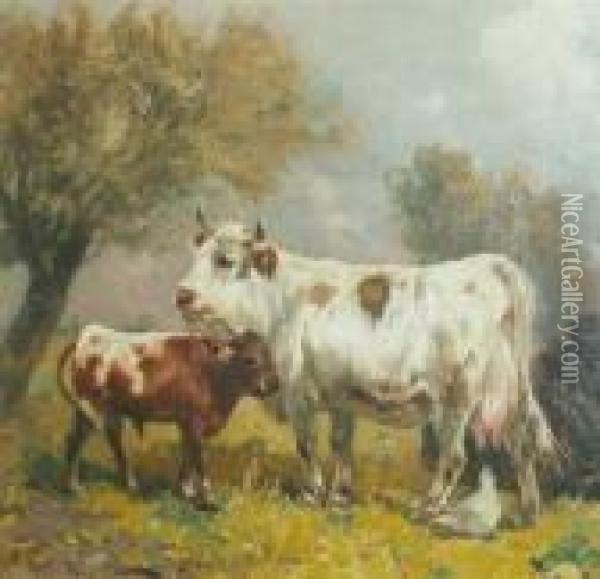 Cows And Chickens In A Landscape Oil Painting - Henry Schouten