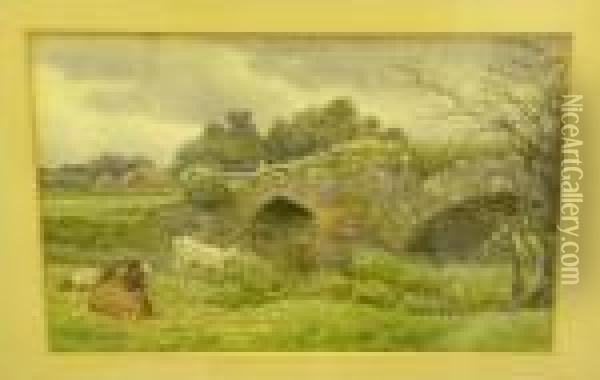 Cattle By An Ancient Stonebridge Oil Painting - Charles James Adams