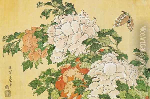 Peonies and Butterfly Oil Painting - Katsushika Hokusai
