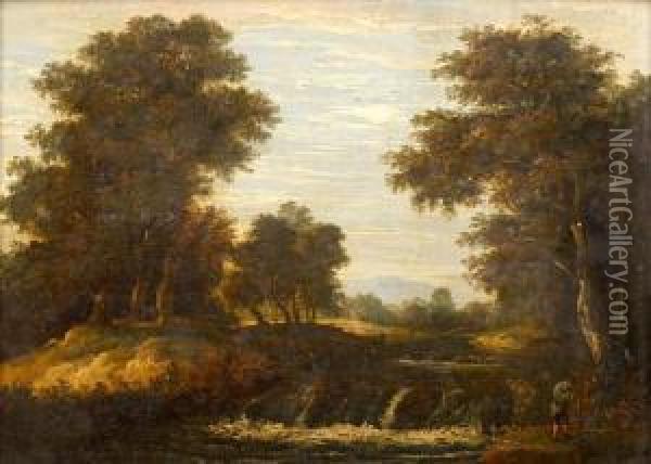 Neoclassical Landscape With Figures By A River Oil Painting - William Traies