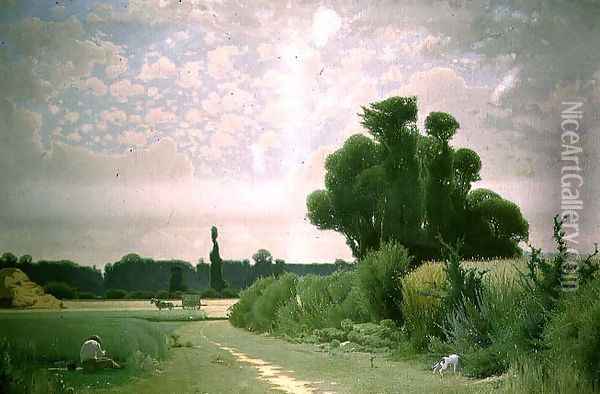 Landscape with a man resting by a path Oil Painting - Henri Tavel