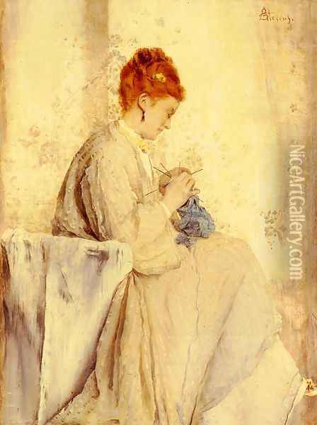 La Tricoteuse (The Knitter) Oil Painting - Alfred Stevens