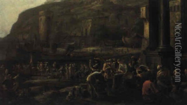 Veduta Di Porto Con Soldati Oil Painting - Luca Carlevarijs