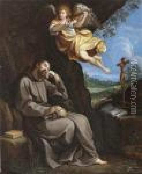 Saint Francis In Contemplation, With A Music-making Angel Oil Painting - Guido Reni