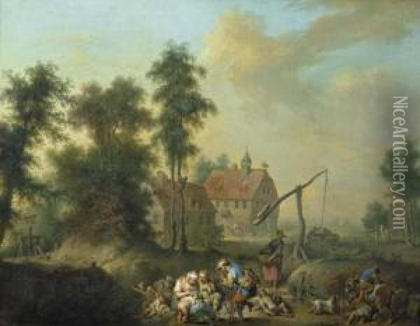 Bauerliche Szene Vor Einem Ziehbrunnen. Um 1765. Oil Painting - Joseph Conrad Seekatz