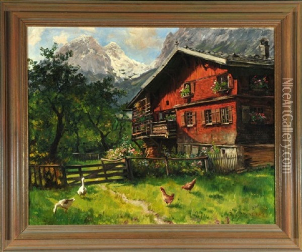 Bauernhaus Mit Gansen Und Huhnern Im Vorgarten Oil Painting - Emil Rau