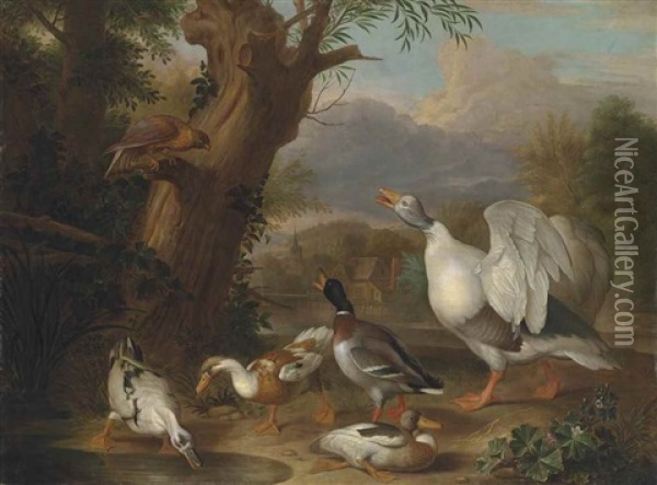 A Goose, Mallard And Ducks Before A Lake, With A Hawk Perched On A Tree Branch, A Village Beyond Oil Painting - Jakob Bogdani