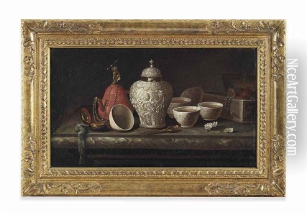 Still Life Of Cups, A Jar And Boxes On A Marble Ledge Oil Painting - Pieter Gerritsz van Roestraten