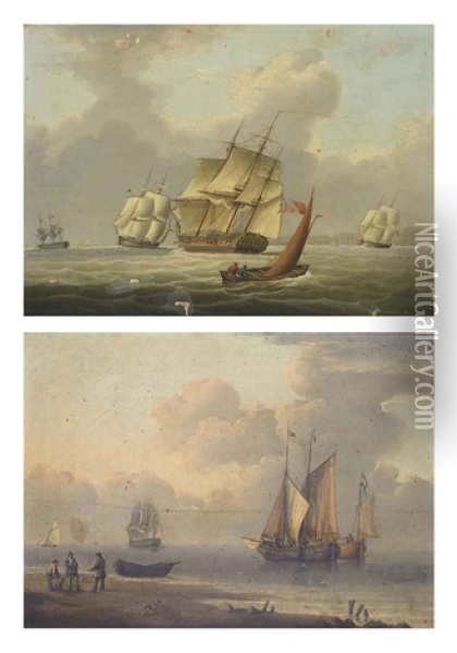 A Frigate And Other Shipping Heeling In The Breeze... (+ Barges And Other Shipping In A Calm Off The Dutch Coast, With Fishermen...; Pair) Oil Painting - William Anderson