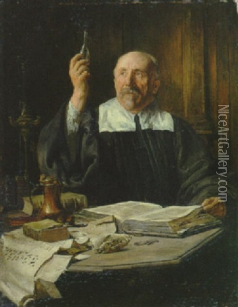 Der Alchemist Sitzt In Der Studierstube Am Tisch Und Pruft Den Inhalt Einer Phiole Oil Painting - Alfred von Schroetter
