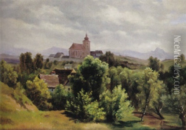 Sommerlandschaft Mit Groser Kirche Und Gehoften In Gebirgslandschaft Oil Painting - Karl Franz Emanuel Haunold