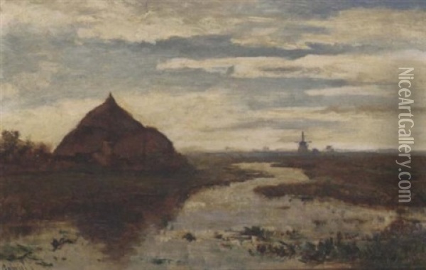 Wetering Onder Kortenhoef: A Polder Landscape Oil Painting - Paul Joseph Constantin Gabriel