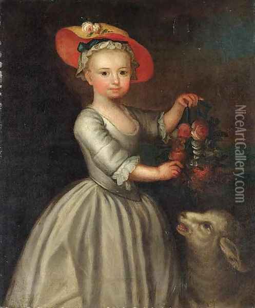 Portrait of a girl, holding a garland of flowers, a sheep beside Oil Painting - English Provincial School
