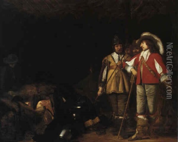 A Soldier And A Cavalier In A Stable Oil Painting - Hieronymous (Den Danser) Janssens
