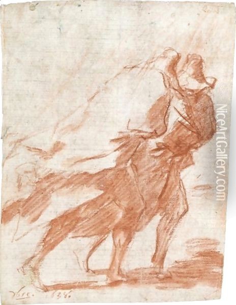 Two Men In Cloaks And Hats, Battling Against A Strong Wind Oil Painting - Salvator Rosa