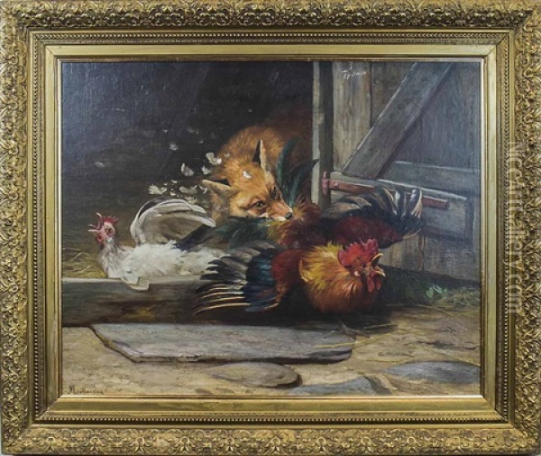Fox In The Hen House Oil Painting - Adolf Heinrich Mackeprang