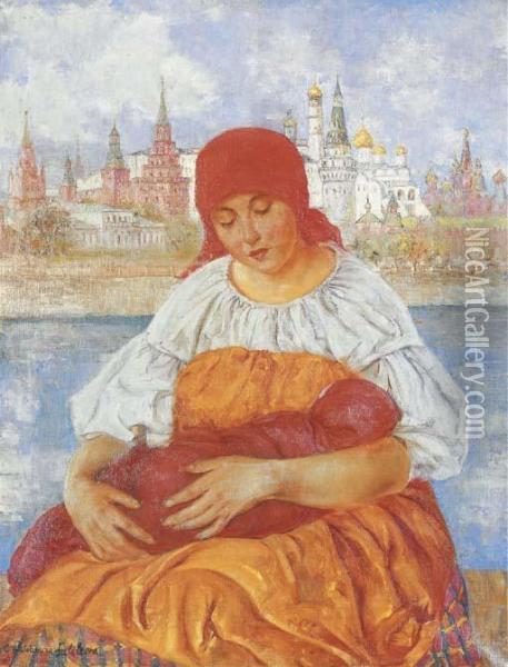 Mother And Child In Front Of The Kremlin Oil Painting - Ekaterina Khachura Falileeva