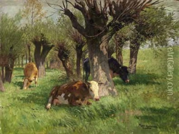 Liegendes Weidevieh In Sommerlandschaft Oil Painting - Franz Gustav Hochmann