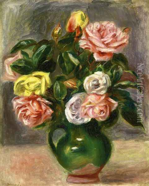Bouquet of Roses in a Green Vase Oil Painting - Pierre Auguste Renoir