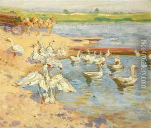 Geese On A Lake Oil Painting - August Ters