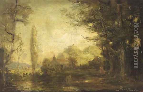 Figures by a river in a wooded landscape Oil Painting - Robert Fowler