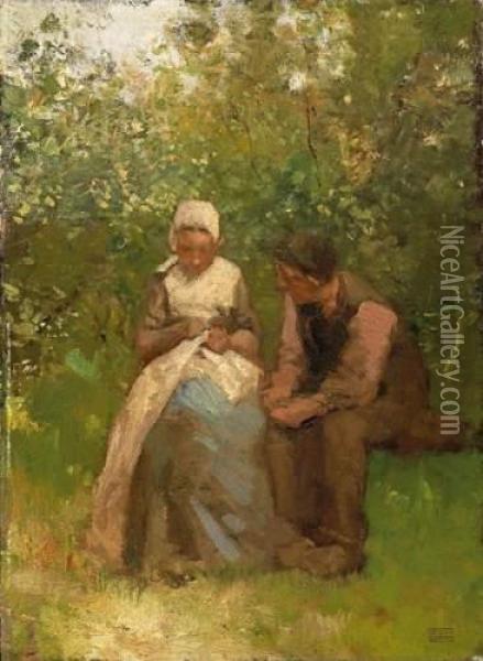 Young Dutch Couple In The Spring Garden Oil Painting - Albertus Johan Neuhuys