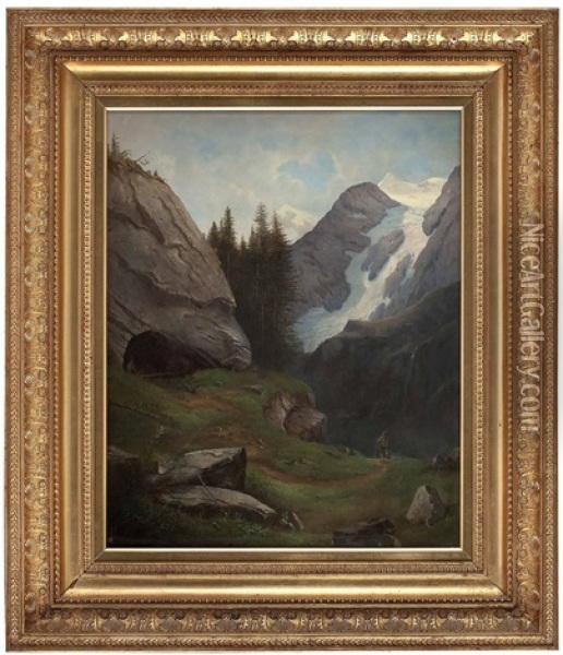 Wanderer In Hochalpiner Landschaft, Im Hintergrund Berg Mit Gletscher Oil Painting - Anton Hansch