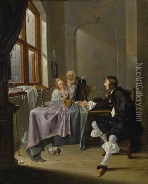 An Interior With A Gentleman Presenting A Snuff Box To A Seated Lady Stringing A Pearl Oil Painting - Jacob Duck