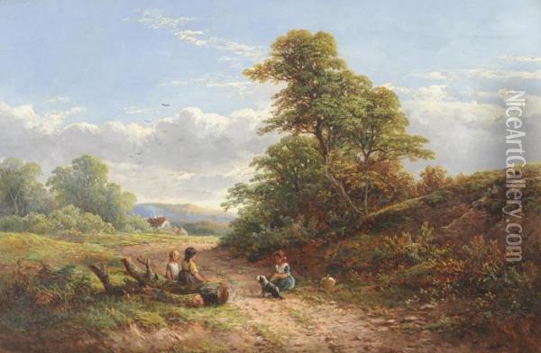 Children And A Dog On A Derbyshire Lane Oil Painting - George Turner