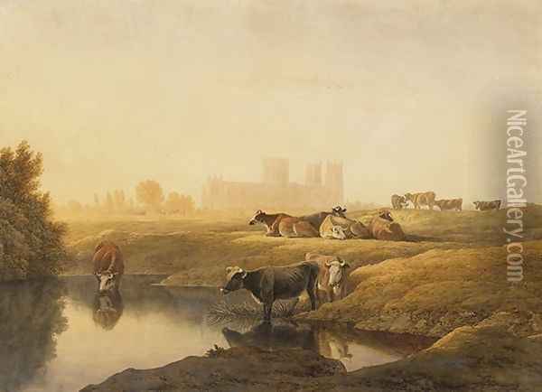 Cattle in Water Meadows with York Minster in the Distance Oil Painting - John Glover