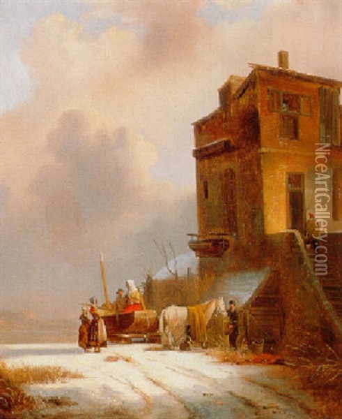Winterlandschap Met Rechts Een Bespannen Slede Met Figuren Bij Een Huis Oil Painting - Wijnand Jan Joseph Nuyen