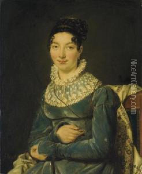 Portrait D'une Dame En Robe Bleue Oil Painting - Georges Rouget