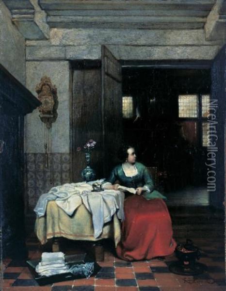 Lady In Interior Oil Painting - Hubertus, Huib Van Hove
