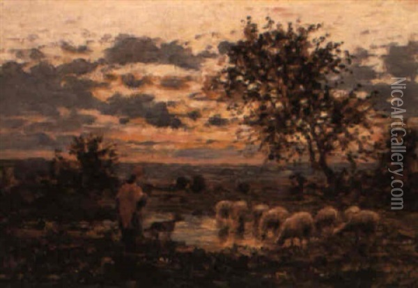 A Shepherdess And Her Flock Oil Painting - Jean Ferdinand Chaigneau