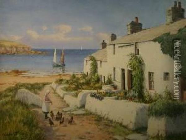 Cottages At Cemaes With Girl Feeding Chickens And Boats In The Distance Oil Painting - Warren Williams