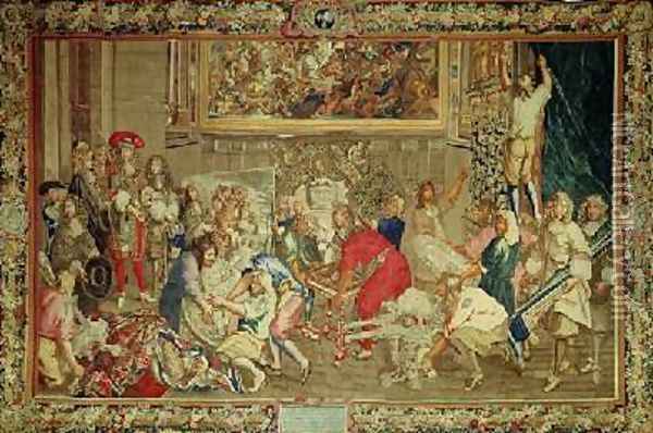 Louis XIV 1638-1715 visiting the Gobelins factory Oil Painting - Charles Le Brun