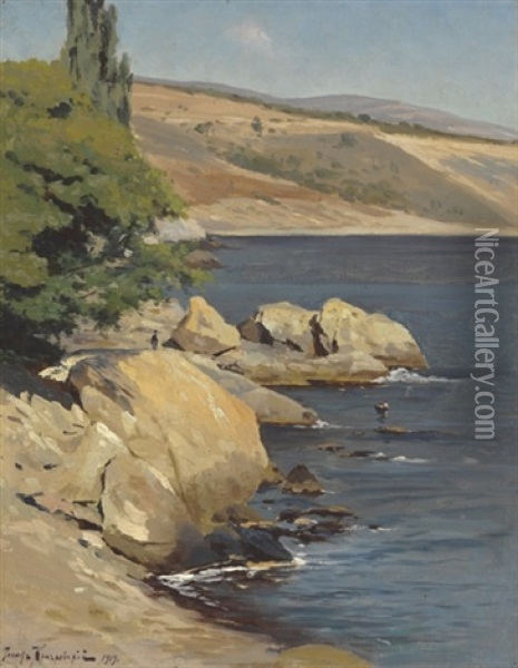 A Rocky Shore, Crimea Oil Painting - Iosif Evstafevich Krachkovsky