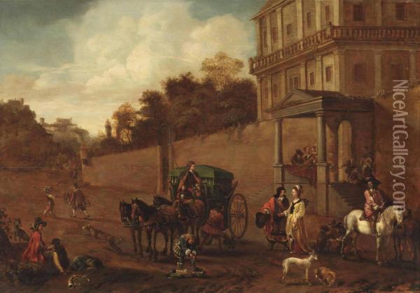 An Elegant Company Near A Carriage Outside The Walls Of A Country House, Hunters Nearby Oil Painting - Frederick De Moucheron