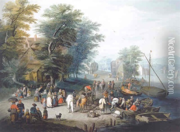 A Wooded River Landscape With Travellers Unloading Cargo Oil Painting - Karel Beschey
