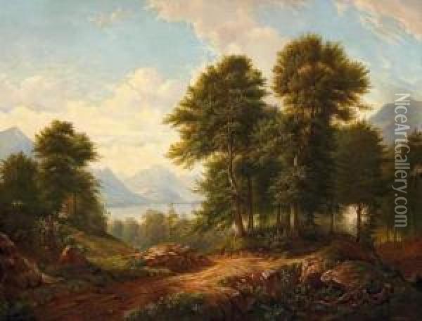 Vast Mountainous Landscape Around An Alpine Lake Oil Painting - Gustav Barbarini