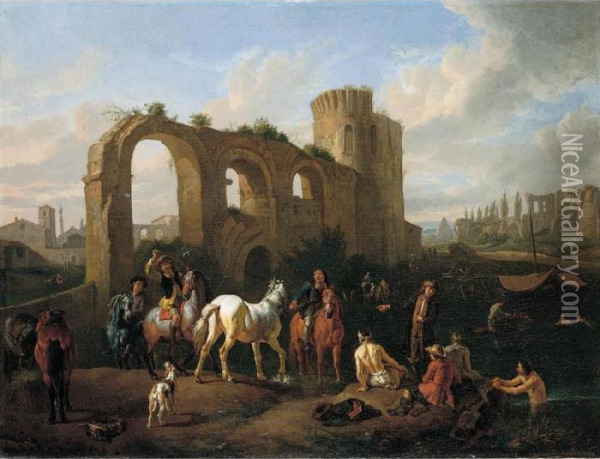 A Roman Landscape With Horsemen 
And Bathers At A Watering-hole, Architectural Ruins Beyond Oil Painting - Pieter van Bloemen
