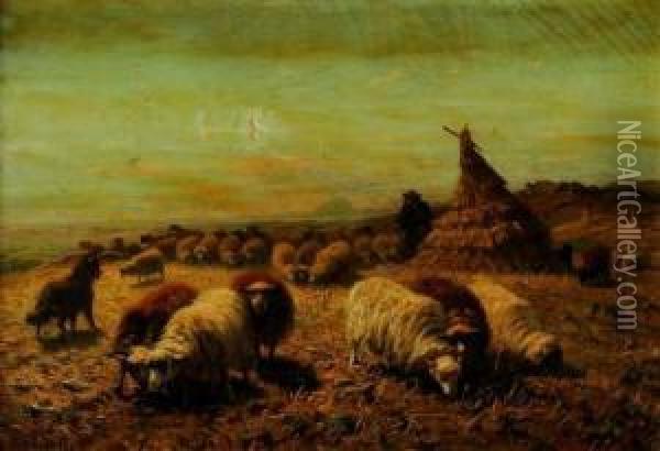 Berger Et Ses Moutons Pres Des Meules Oil Painting - August Friedrich Schenck