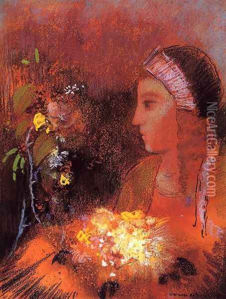 Woman with Flowers 2 Oil Painting - Odilon Redon