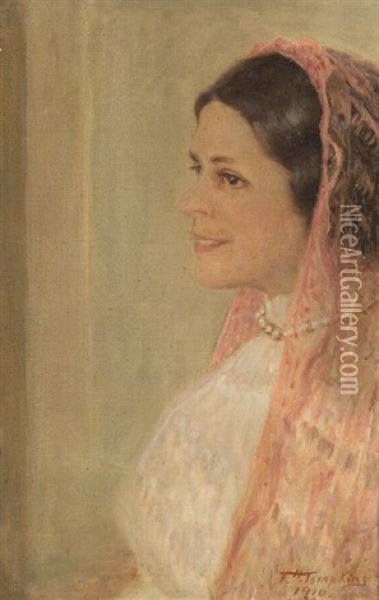 The Pink Shawl - Portrait Of Elizabeth Borden Hewitt Oil Painting - Frank Hector Tompkins