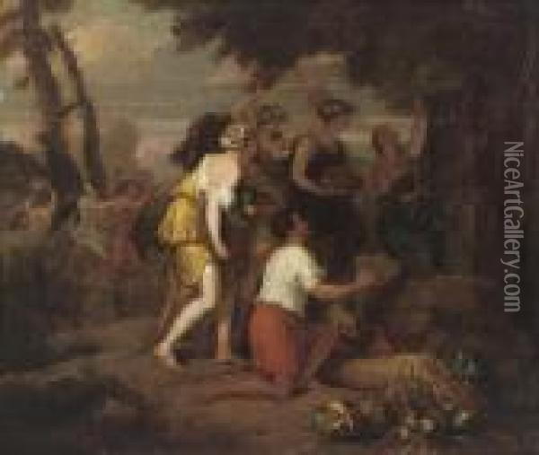 Classical Figures Leaving An Offering Of Fruit And Vegetables At Analtar, In A Landscape Oil Painting - Nicolas Poussin