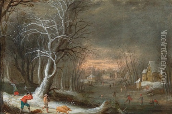 A Winter Landscape With Woodcutters Oil Painting - Frans de Momper