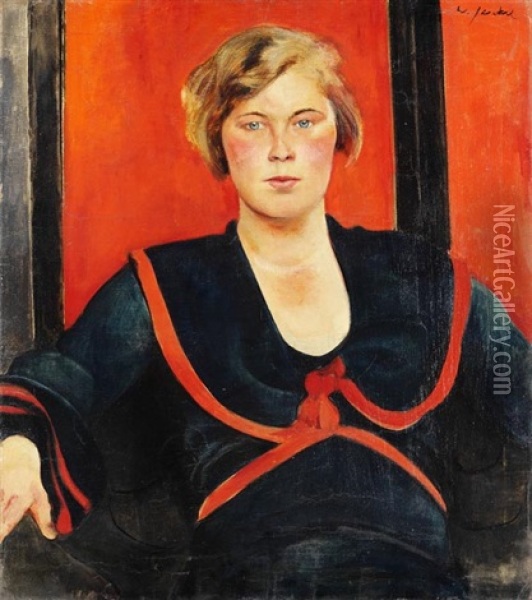 Frauenbildnis Vor Rotem Hintergrund Oil Painting - Willi Jaeckel