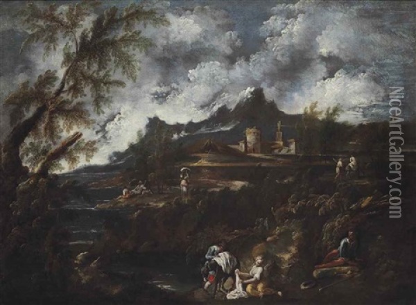 A Wooded Landscape With Washerwomen, Travellers And Other Figures On A Shore Oil Painting - Antonio Francesco Peruzzini
